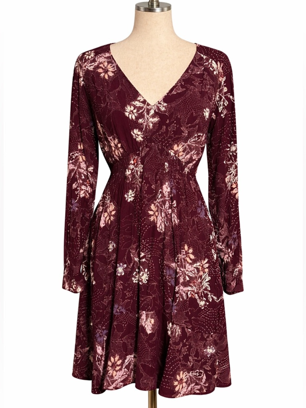 Anthropologie Maeve eggplant floral print dress, deep V, long sleeve, mini- S